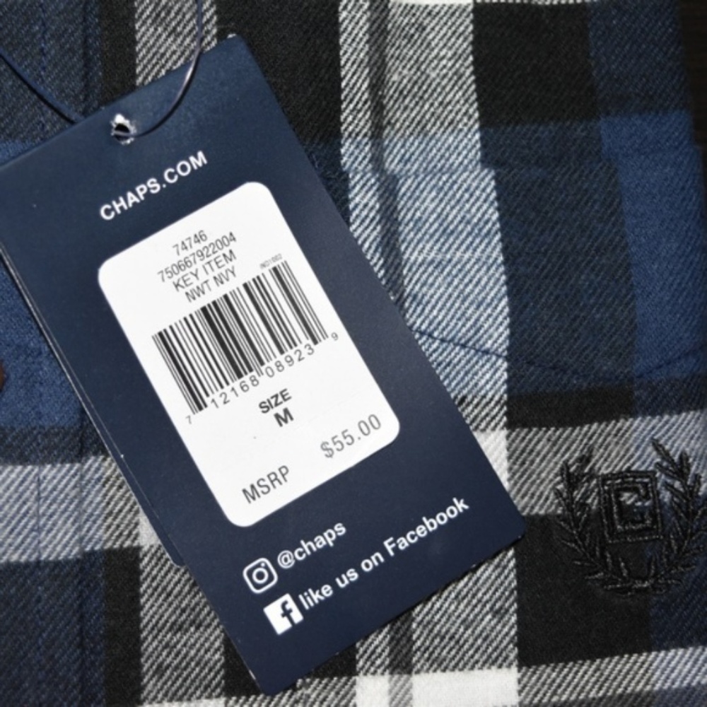 NWT CHAPS Blue Plaid Flannel Button Down - Picture 4 of 7